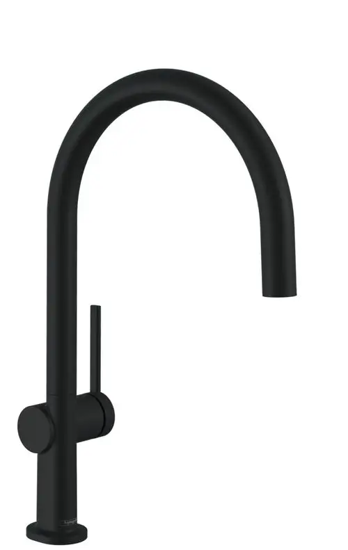 Schwarzer Einhebel-Küchenmischer von Hansgrohe mit gebogener Auslaufform und seitlichem Hebel zur Temperaturregelung.